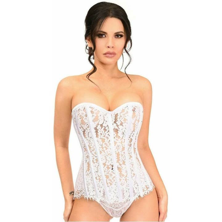 Top Drawer White Lace Steel Boned Corset w/Rhinestones for wholesale by Daisy Corsets