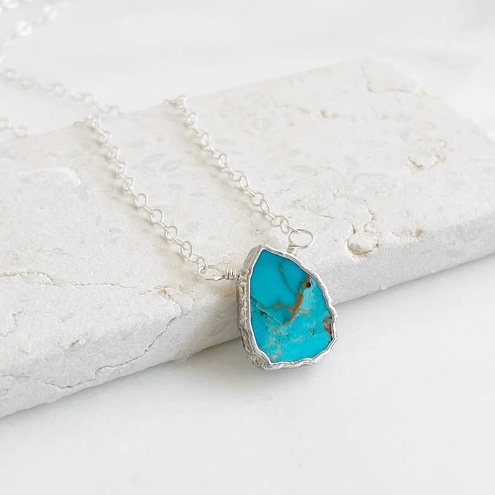 Dainty Turquoise Gemstone Slice Necklace in Sterling Silver for wholesale by Rustic Gem Jewelry