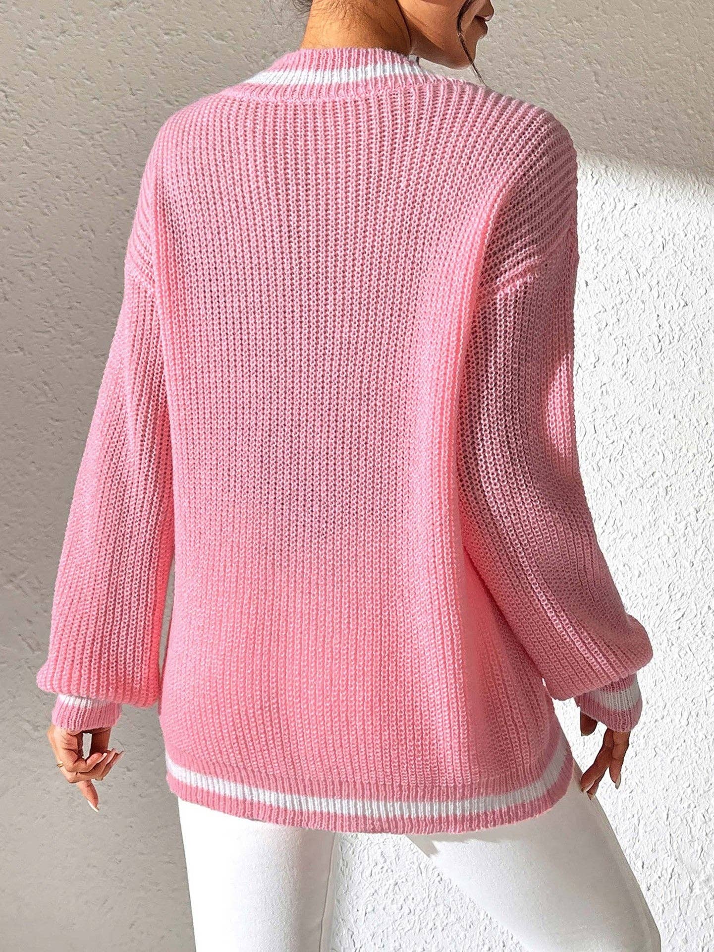 Suhkasana - Wholesale Knit Sweater - Women's - Preppy Colorblock V-Neck Loose Knit Sweater4