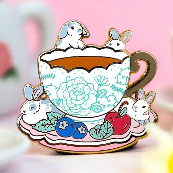 Tea Cup Rabbit Enamel Pin for wholesale by The Crowned Rabbit
