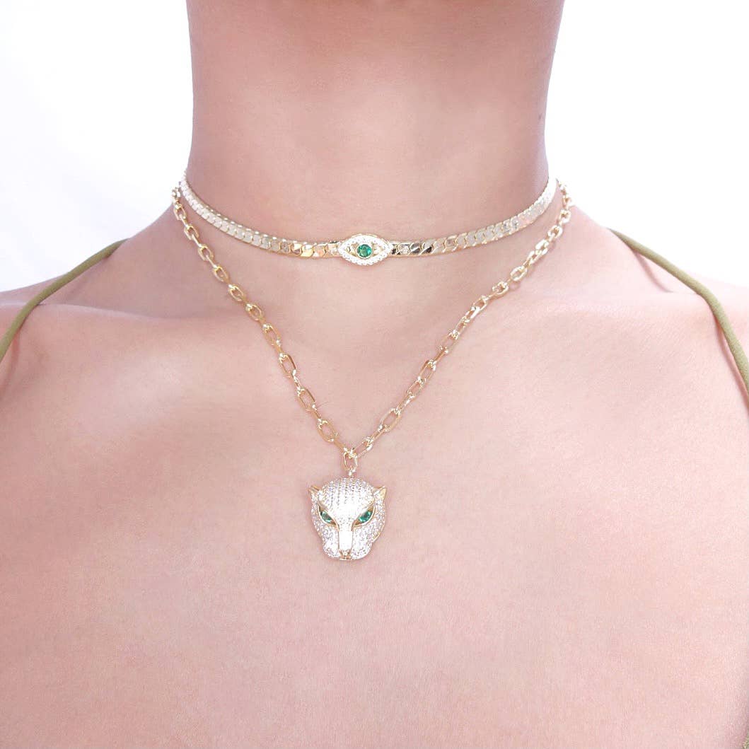 KIKICHIC – Colar pingente/pendente por atacado – Colar de clipe de papel Green Eye Panther2