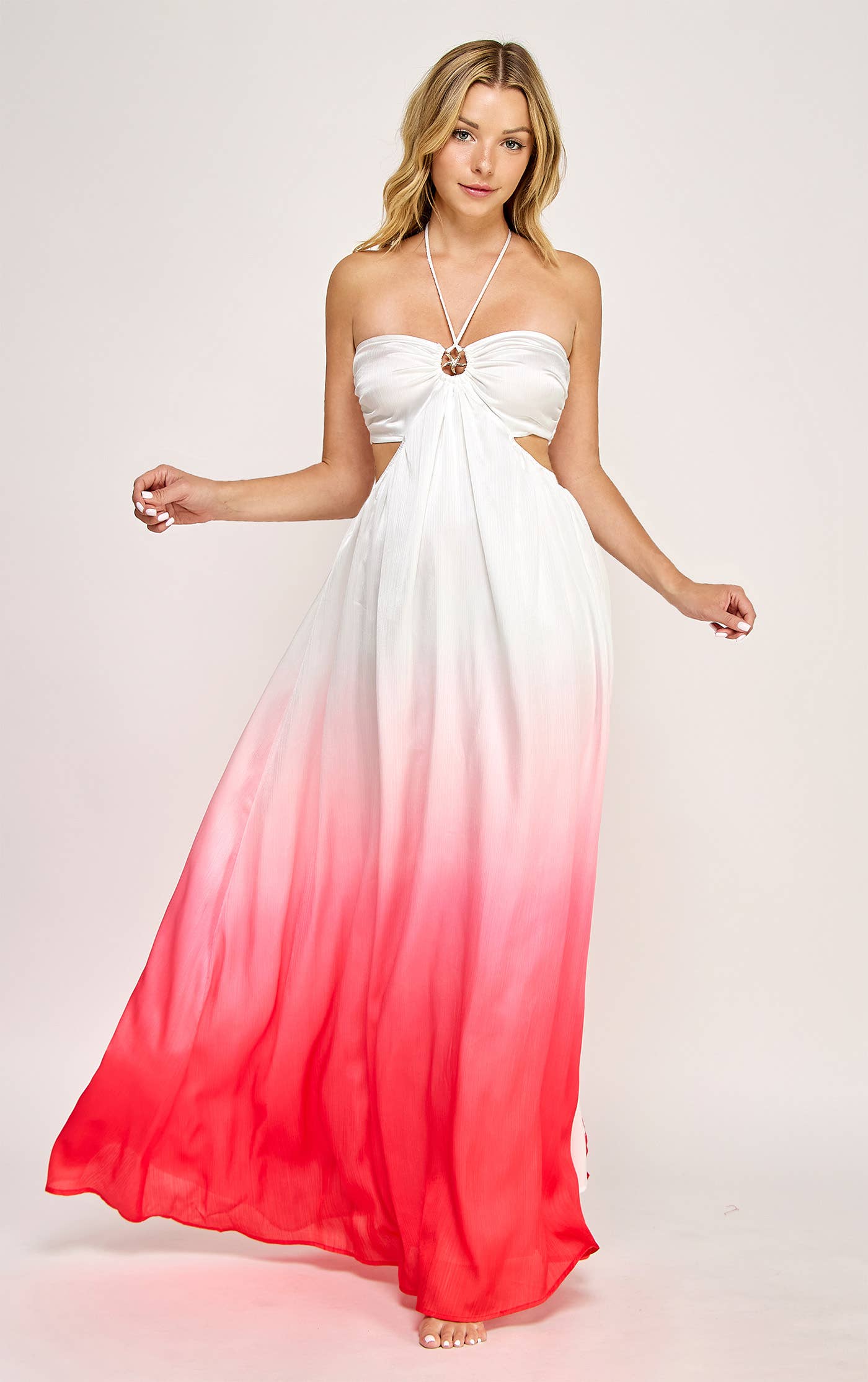 AARDBEI OMBRE ZEESTER TRIM HALTERNEK MAXIJURK - HMD0025B-BERRY voor groothandel op Faire3