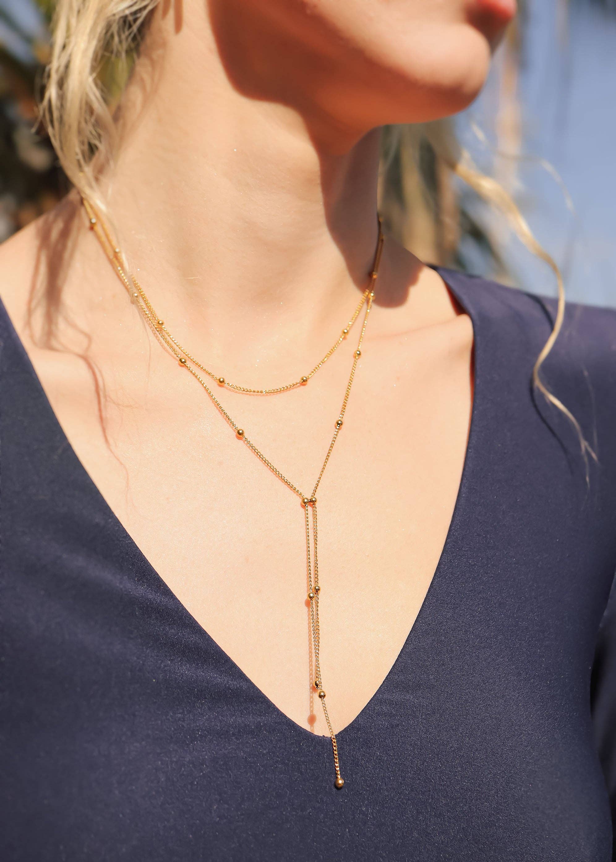 WJW - Wholesale Y-Neck/Lariat Necklace - 18K Gold PVD Stainless Steel Lariat Necklace Double Ball Bead2