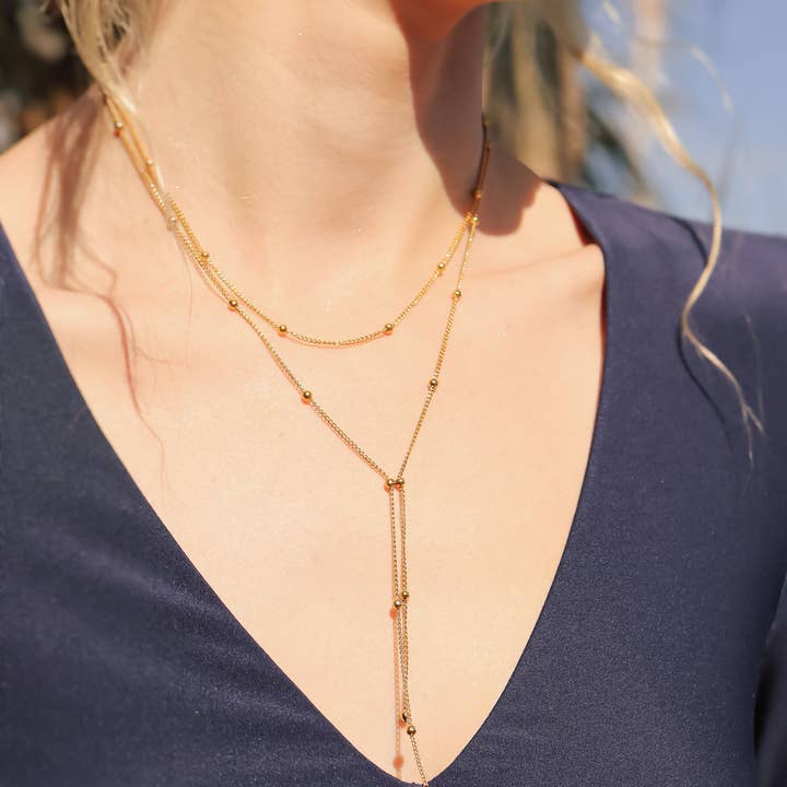 WJW - Wholesale Y-Neck/Lariat Necklace - 18K Gold PVD Stainless Steel Lariat Necklace Double Ball Bead2
