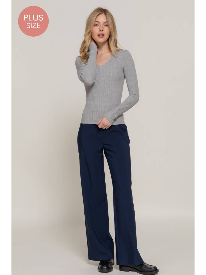 Active Basic | Active USA - Wholesale Knit Sweater - Women's - Long Sleeve V-neck Fitted Viscose Rib Sweater Top