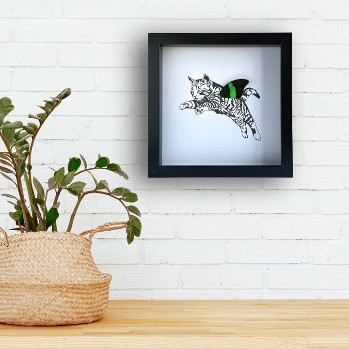 Isms - Wholesale Art Print - Tabby Cat Framed Art with Real Butterfly Wing2
