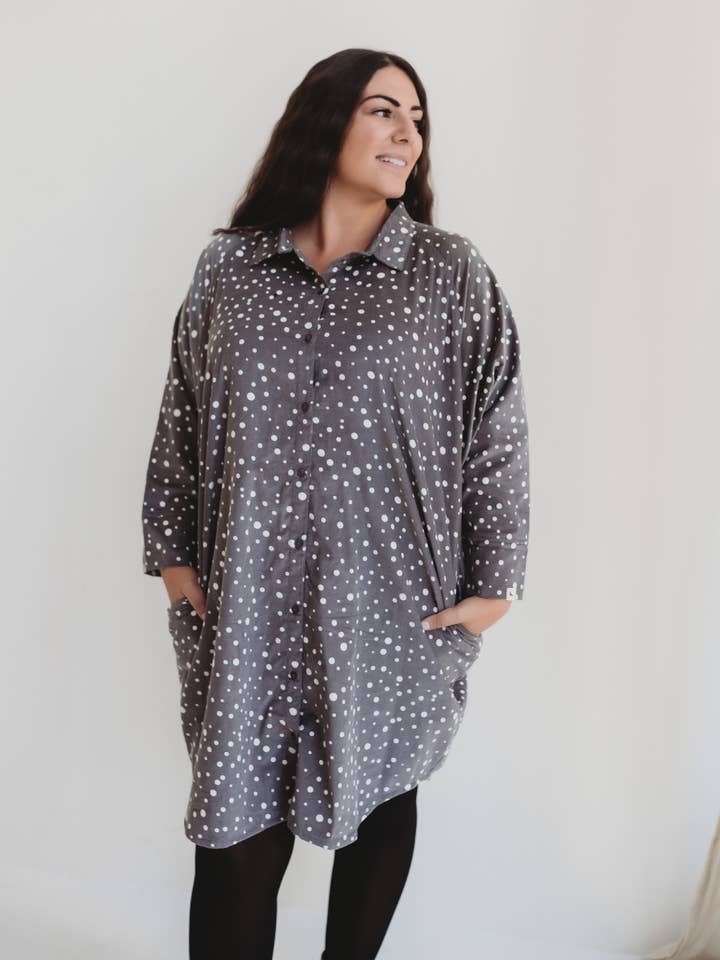 Jess Grey Abstract Spot Print Midi Shirt Dress for wholesale by Turtledove London