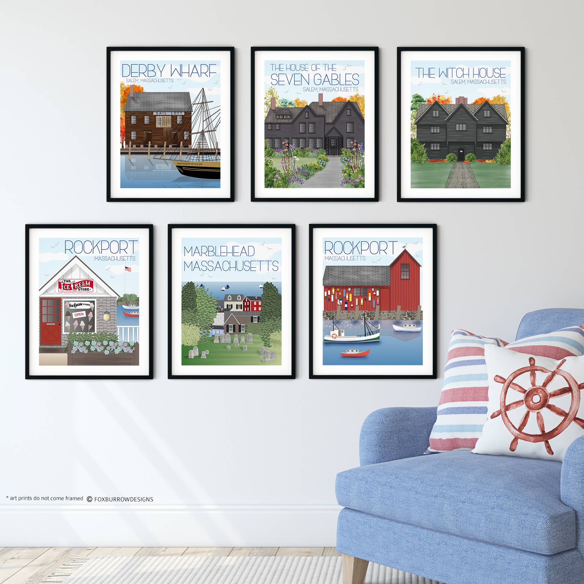 Fox Burrow Designs - Vente Affiche d'art - Impression d'art de voyage du Massachusetts - La maison des sept pignons5