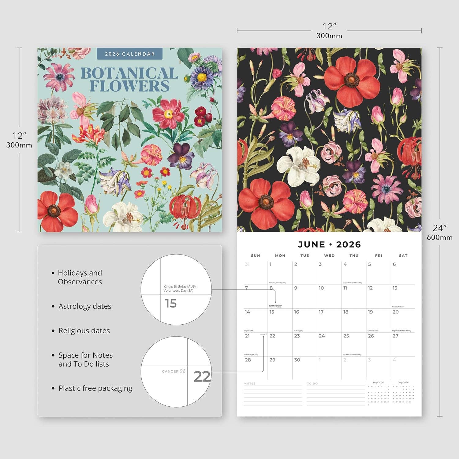 MiddleGift - Wholesale Calendar - Red Robin 2026 Botanical Flowers Monthly Wall Calendar2