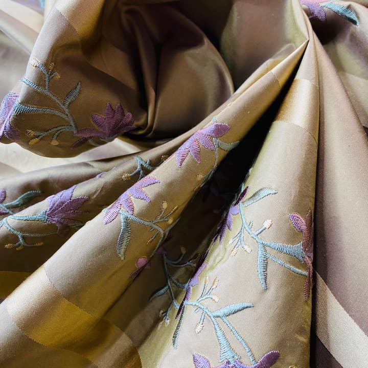 Fancy Styles Fabric - Wholesale Fabric - NEW Duchess Adele Designer 100% Silk Taffeta Ribbon Stripe Embroidered Floral Fabric in Gold and Lavender4