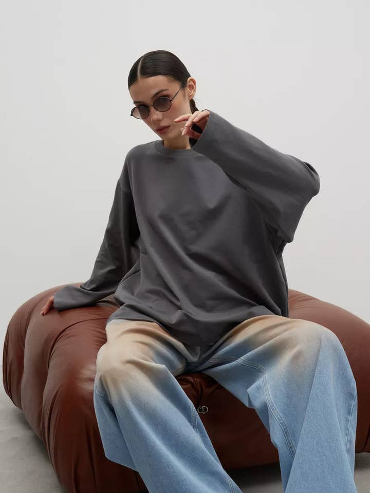 Suhkasana - Wholesale T-Shirt - Women's - Heavyweight Cotton Long Sleeve Crewneck Oversized T Shirt18