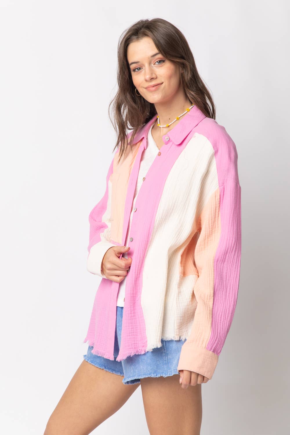 VERY J - Wholesale Button Down Shirt - Women's - NT10324-Color Blocked Button Down Shirt12