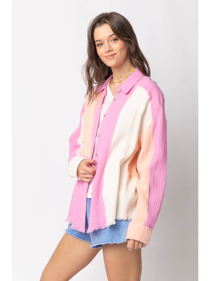 VERY J - Wholesale Button Down Shirt - Women's - NT10324-Color Blocked Button Down Shirt12