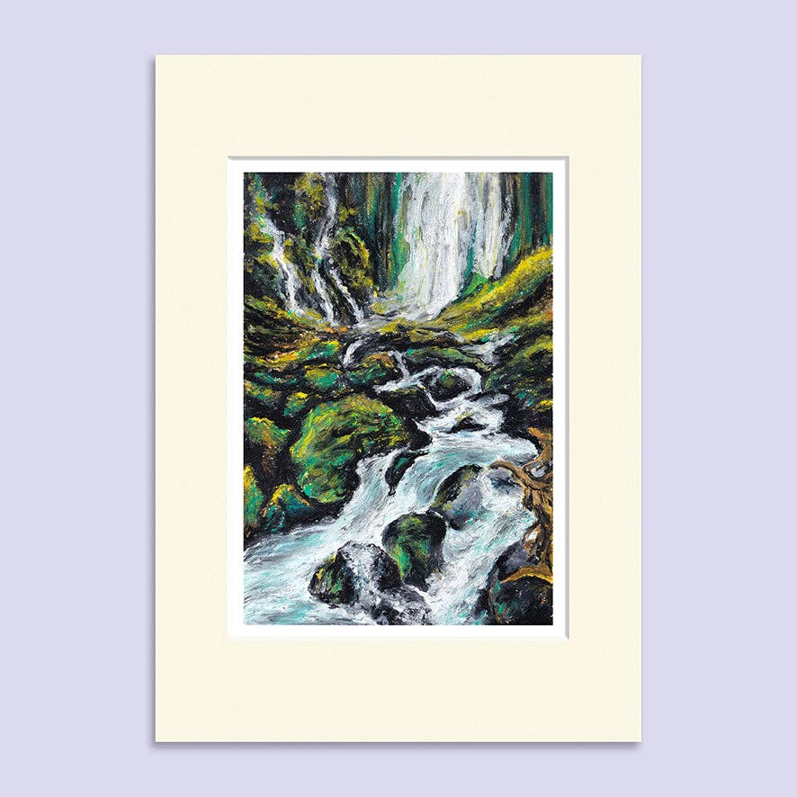 Lucy Locks Art - Wholesale Art Print - Mossy Cascades – A5 Oil Pastel Landscape Art Print1