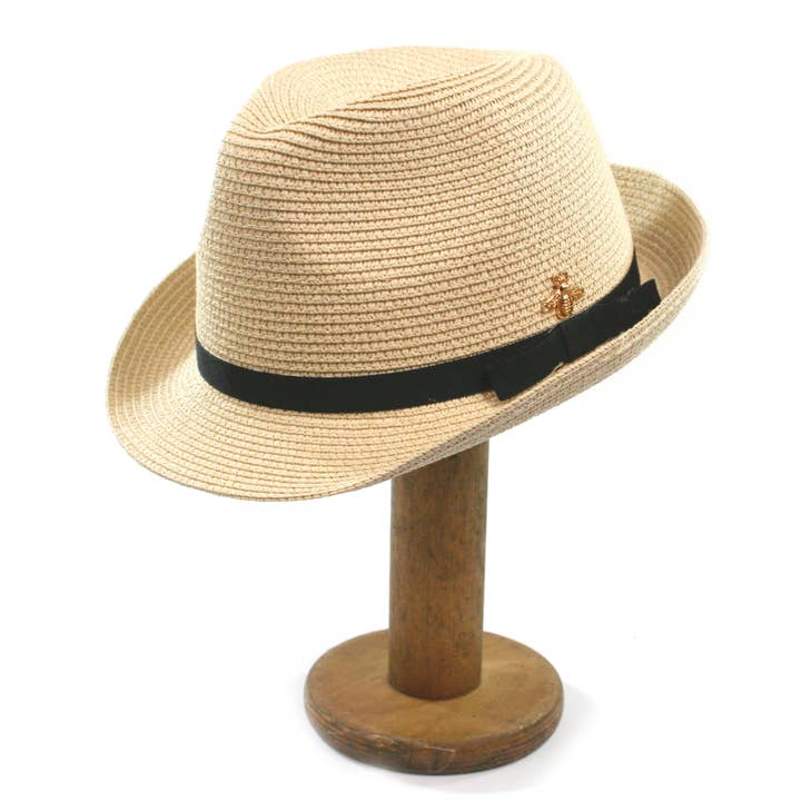 Black Ginger - Wholesale Straw Hat - Women's - Trilby Style with Bee Detail Foldable Hat (with Bag)2