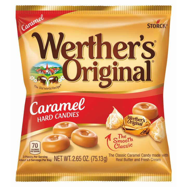 Werther's Caramel Hard Candies, 2.65oz Peg Bag, 12ct for wholesale by Grandpa Joe's Candy Shop