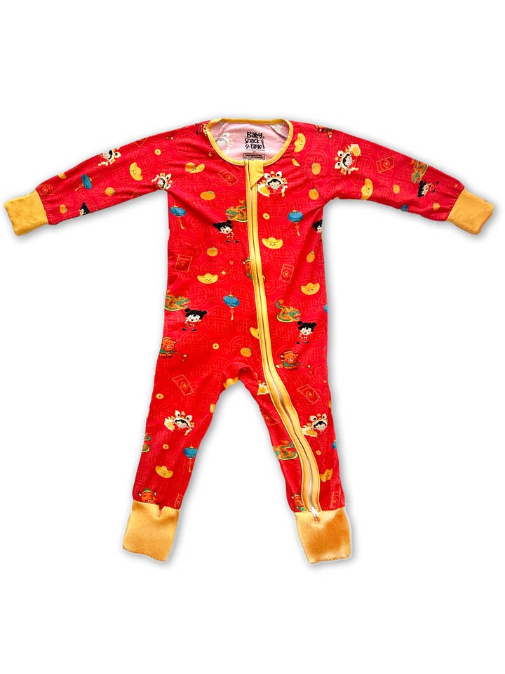 Lunar New Year Lyckobambu Baby Zippered Romper för wholesale av Baby Snack Time