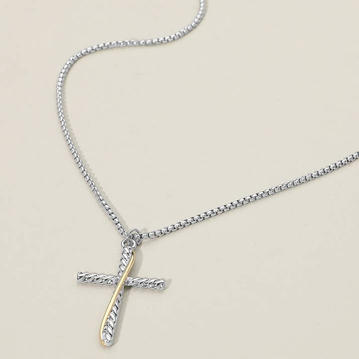 14K Gold Plated Two Tone Textured Cross Pendant Necklace for wholesale by Sensibling Corp.