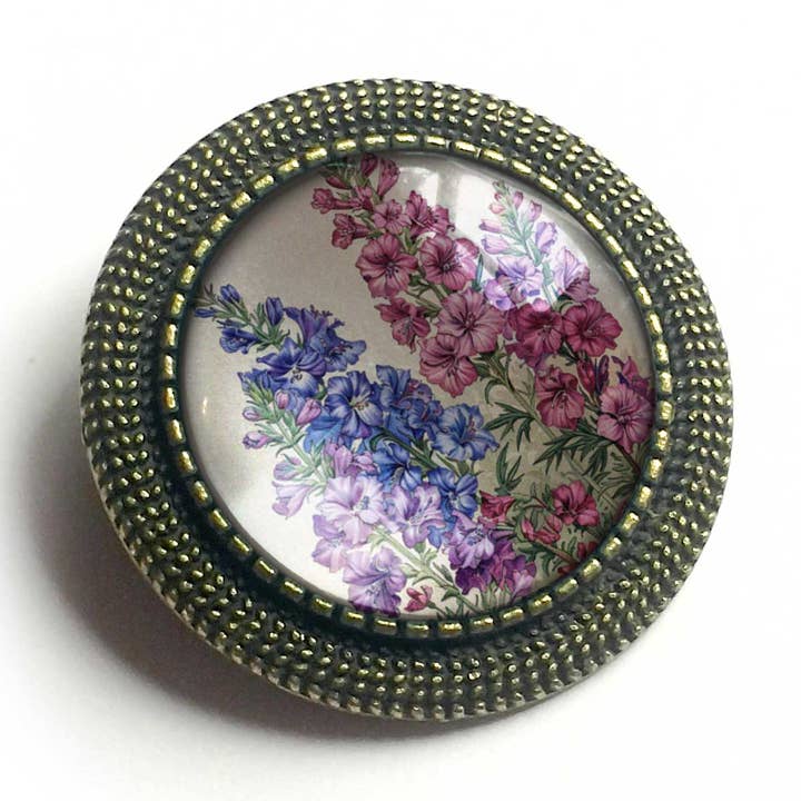 Larkspur / Delphinium Glass and Bronze Bar Back Brooch for wholesale by The Divine Iguana