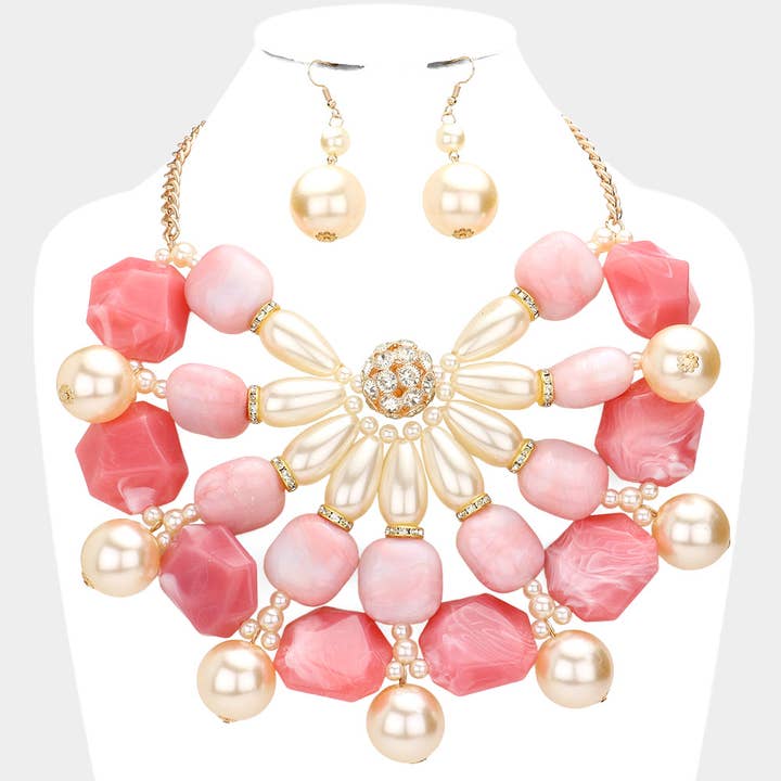 Sensibling Corp. - Wholesale Bib Necklace - Pearl Marbled Stone Cluster Statement Necklace2