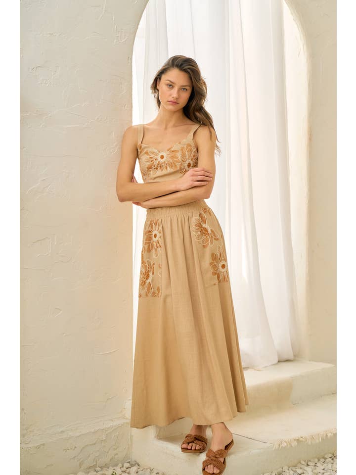 TAUPE ILS4872 EMBROIDERY SMOCKED BACK TOP WITH MAXI SKIRT for wholesale on Faire