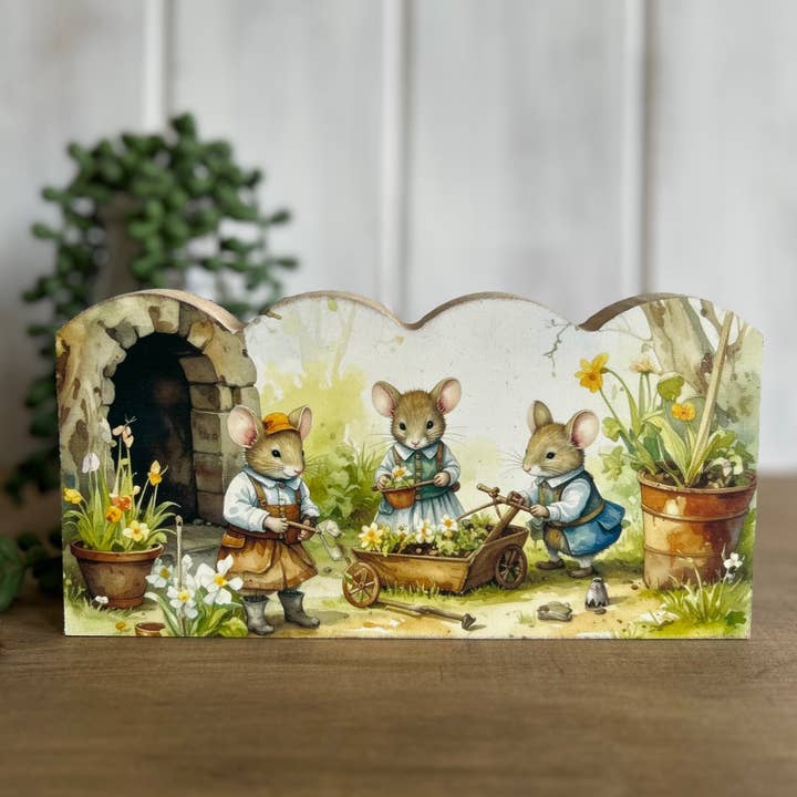 Mouse Garden - Rustic Spring Decor Scalloped Wood Sign for wholesale by Inkwood Crafters
