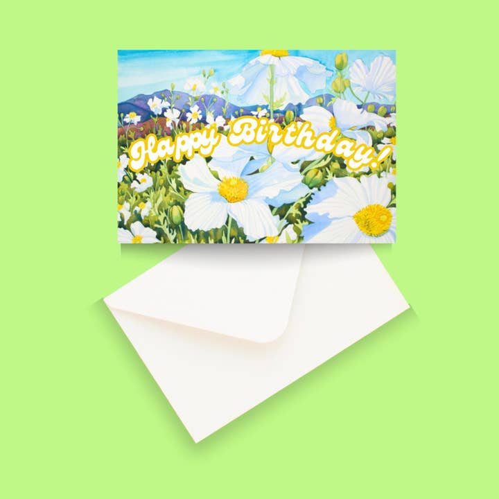 Carte de vœux aquarelle "Joyeux Anniversaire Matilija Field" vierge pour la vente par Chloe Marie Hourdequin Designs