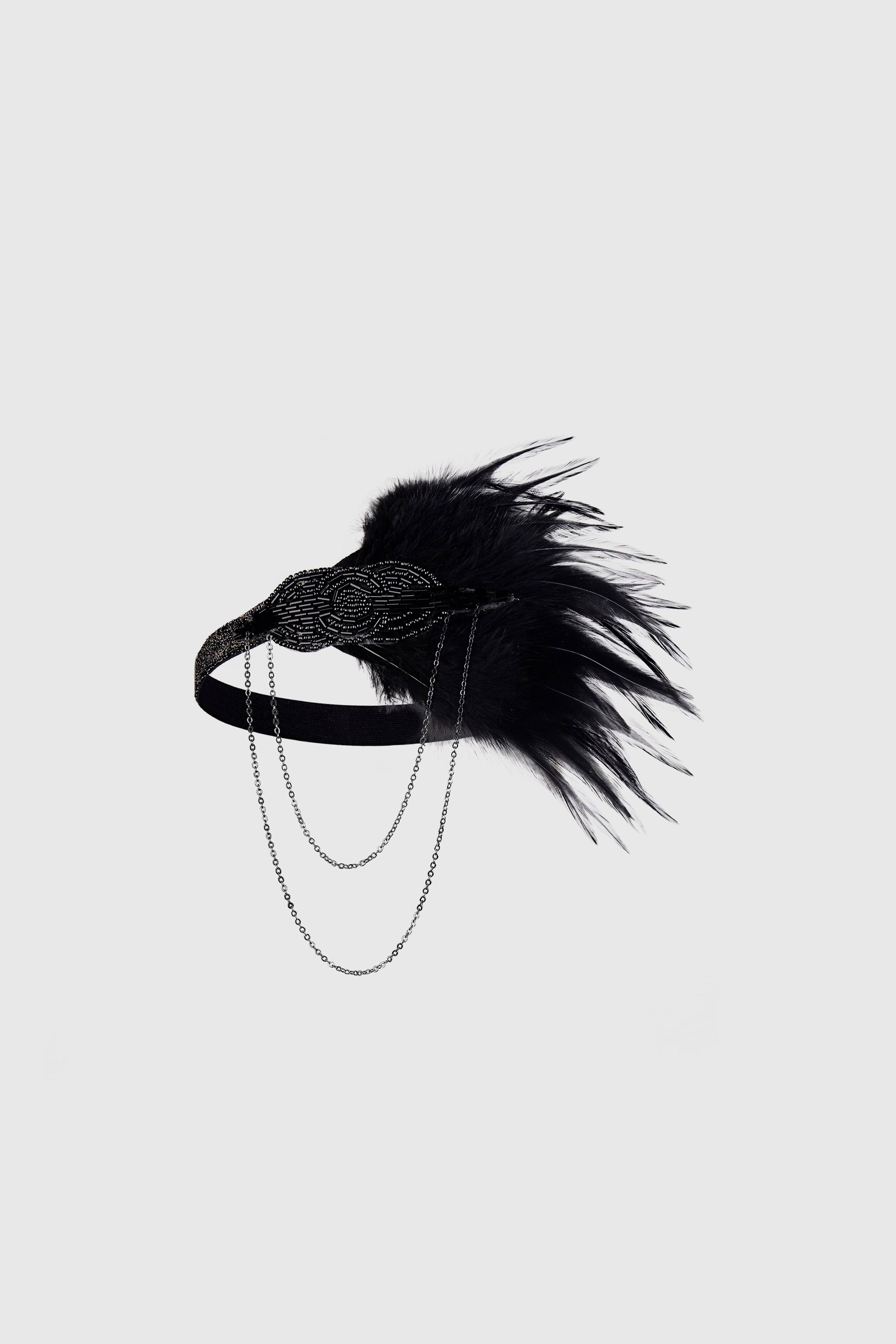 Black Beaded Chain Ostrich Feather Headband for wholesale on Faire0