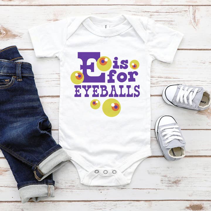 E is for Eyeballs Long & Short Sleeve Baby Bodysuit for wholesale by Itsy Bitsy Bella Co