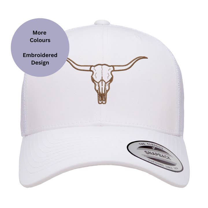 Cappellino da camionista ricamato con teschio di toro Texas Longhorn!, Unisex per la vendita all'ingrosso da parte di Thread and Needles Co