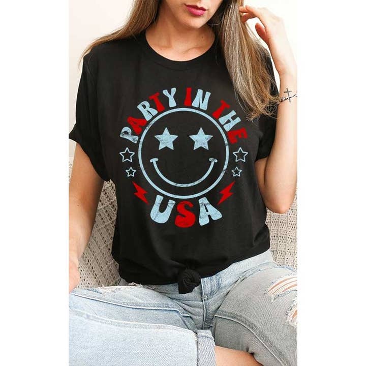 Party in the USA Smiley Patriotic 4th of July Graphic Tee for wholesale by Select Apparel