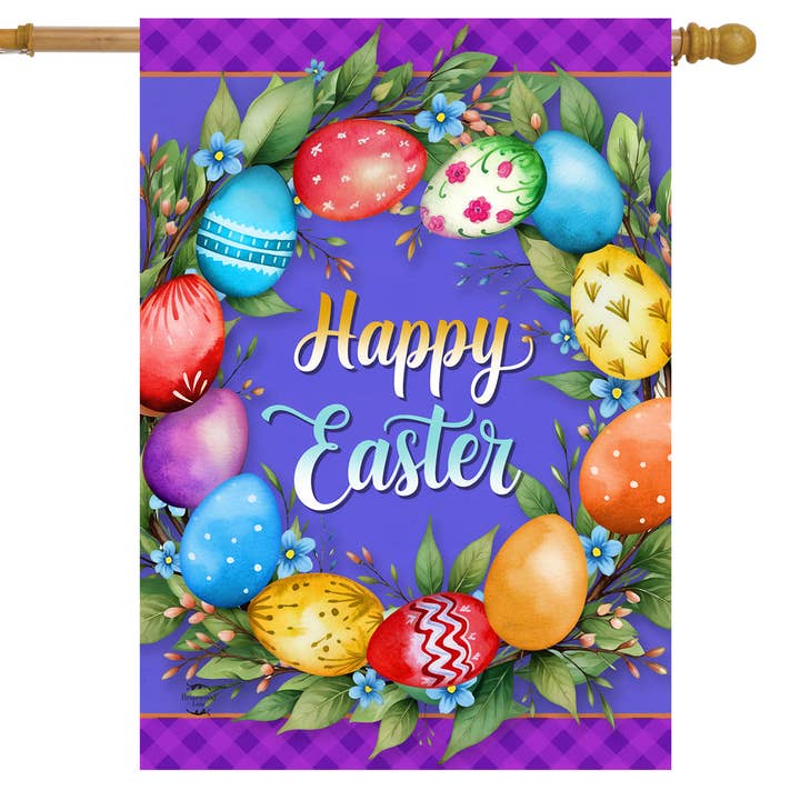 Colorful Easter Wreath House Flag for wholesale by Briarwood Lane