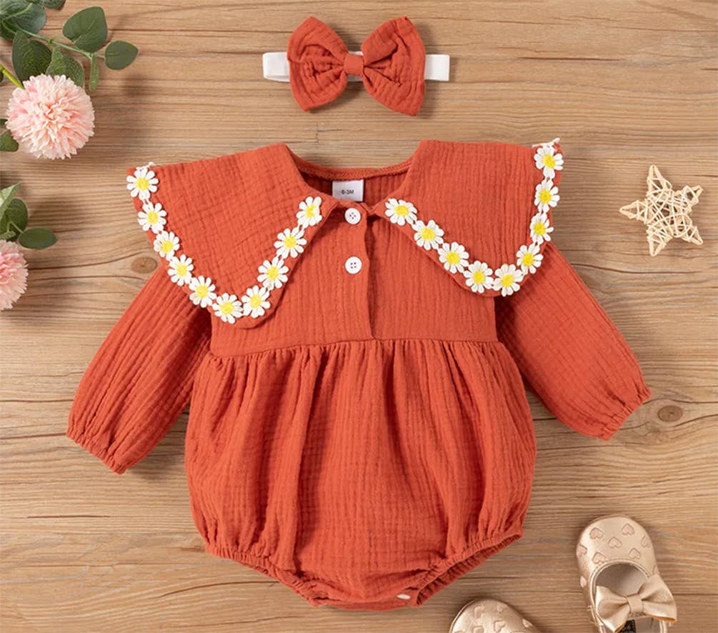 Fennco Styles – wholesale Clothing set – Baby – Terracotta Little Daisy Cotton Baby Romper & Headband1
