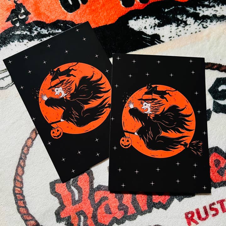 Vintage Flying Witch in The Night Sky Postcard for wholesale by October 31st