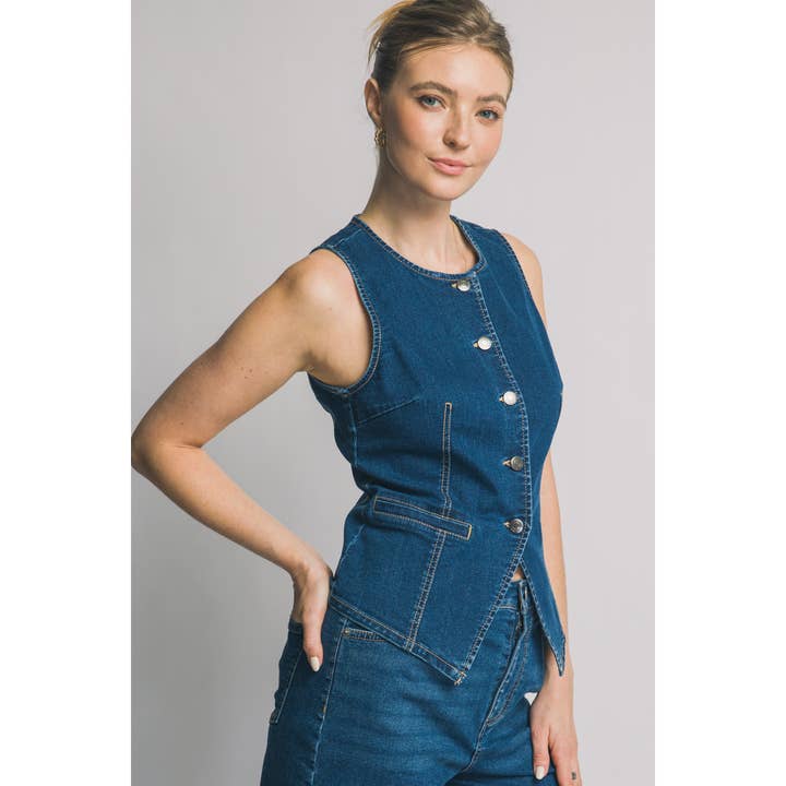 Sleeveless Button Front Denim Vest Top for wholesale by HiteJeans