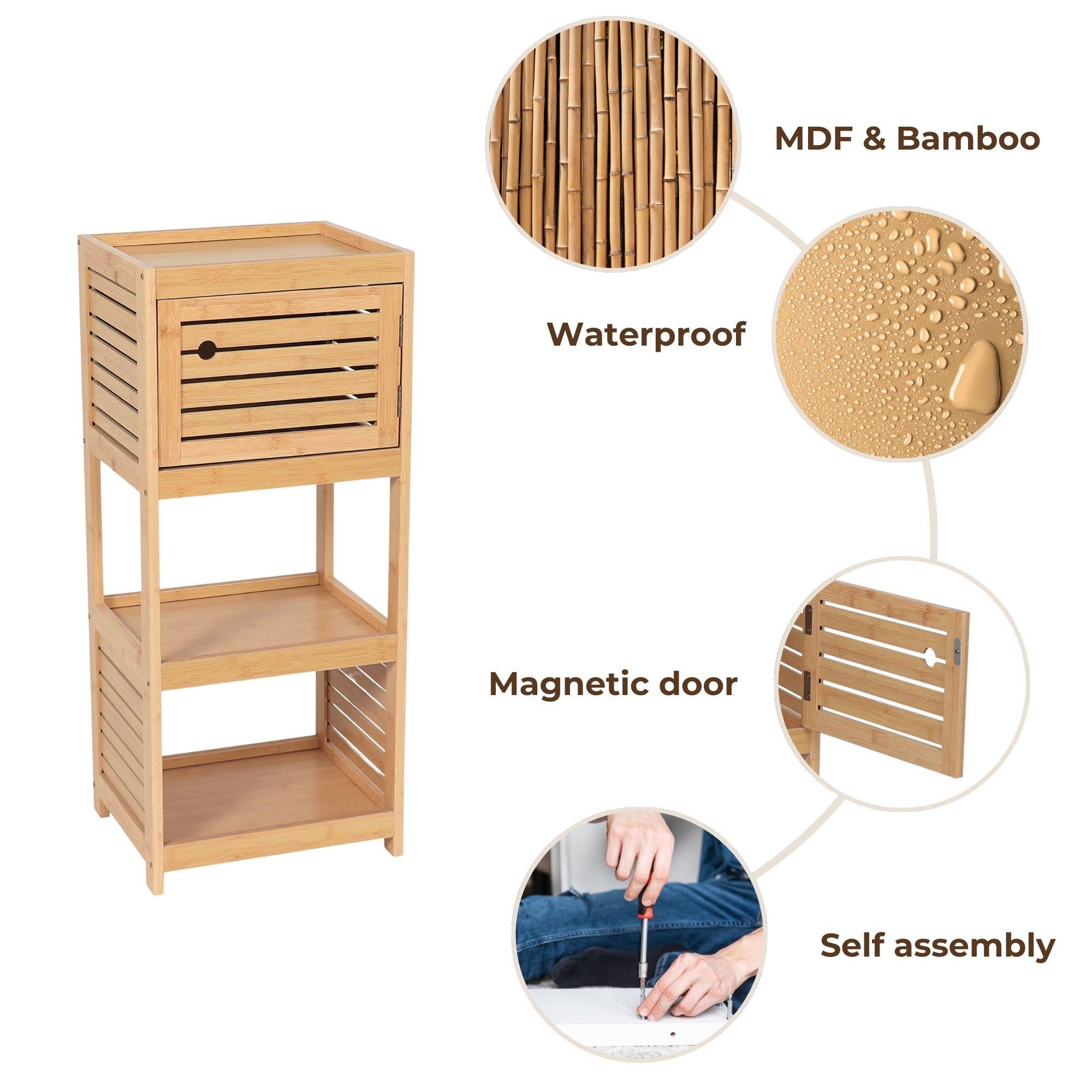 Brown Compact Bath Storage Cabinet Open Shelves and Vented Door for wholesale on Faire4