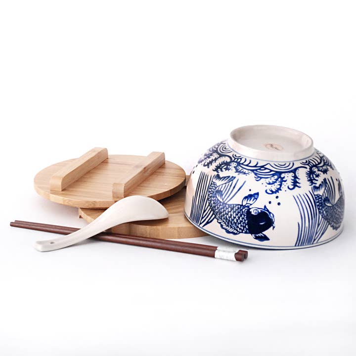 Fuji Merchandise Corporation - Wholesale Serve Bowl - MIRA BOWL WITH WOODEN LID AND TRIVET– BLUE KOI FISH ON IVORY1
