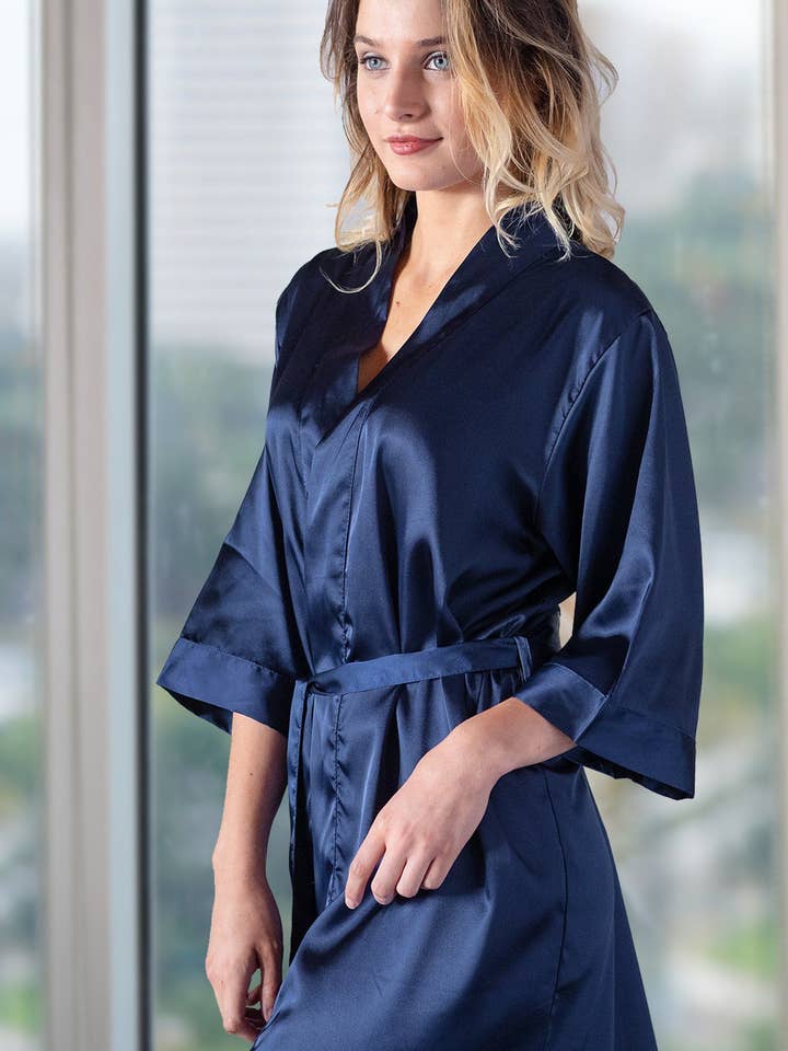 GiftsbyPR - Wholesale Robe - Women's - Navy Blue Silk Satin Robes, Custom Navy Satin Wedding Robes