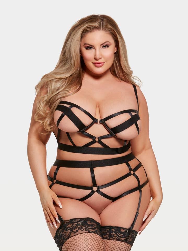 Black DEVON OPEN CUP BRA & CROTCHLESS & BACKLESS HIPSTER SET for wholesale on Faire5