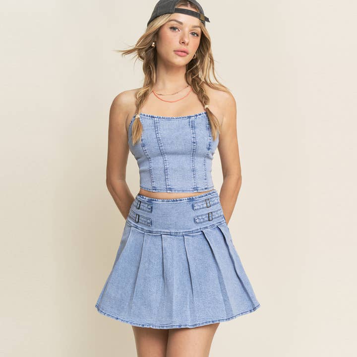 DENIM Set Top Corsetto in Denim e Gonna Mini Pieghettata-HQSET0015 in vendita all'ingrosso su Faire0