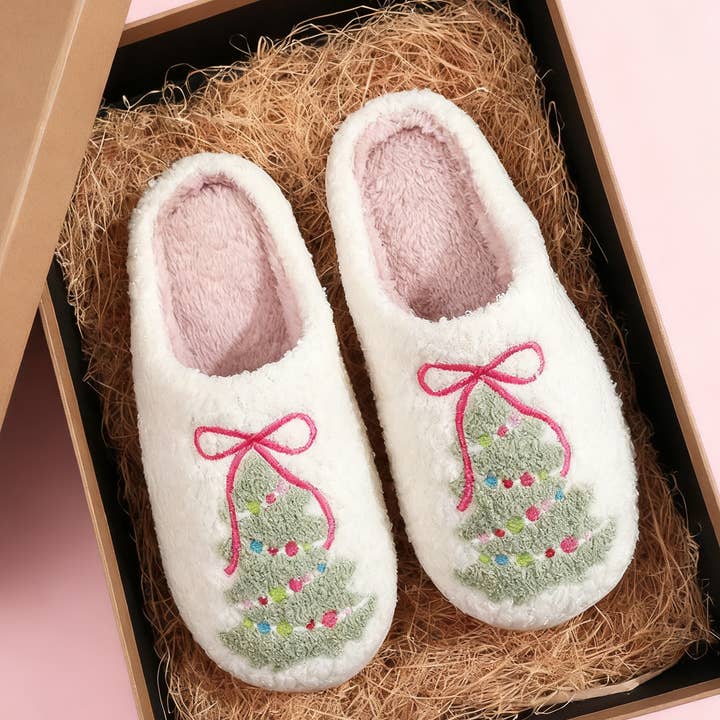 BOW CHRISTMAS TREE COTTON SLIPPERS_CWSHS00252 for wholesale by DOUBLJU