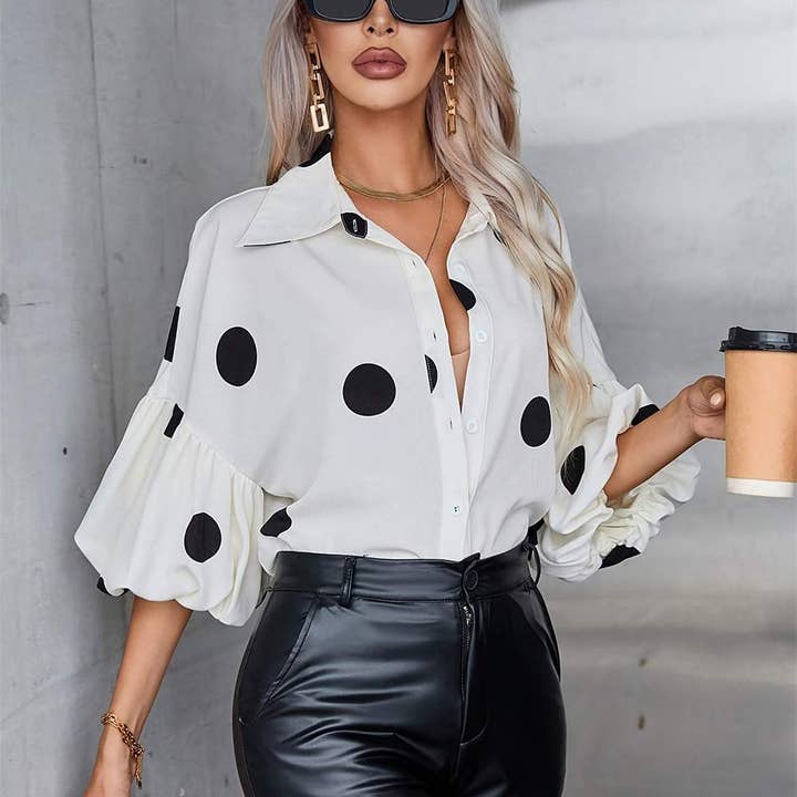 WHITE Polka Dot Puff Sleeve Button Blouse for wholesale on Faire7