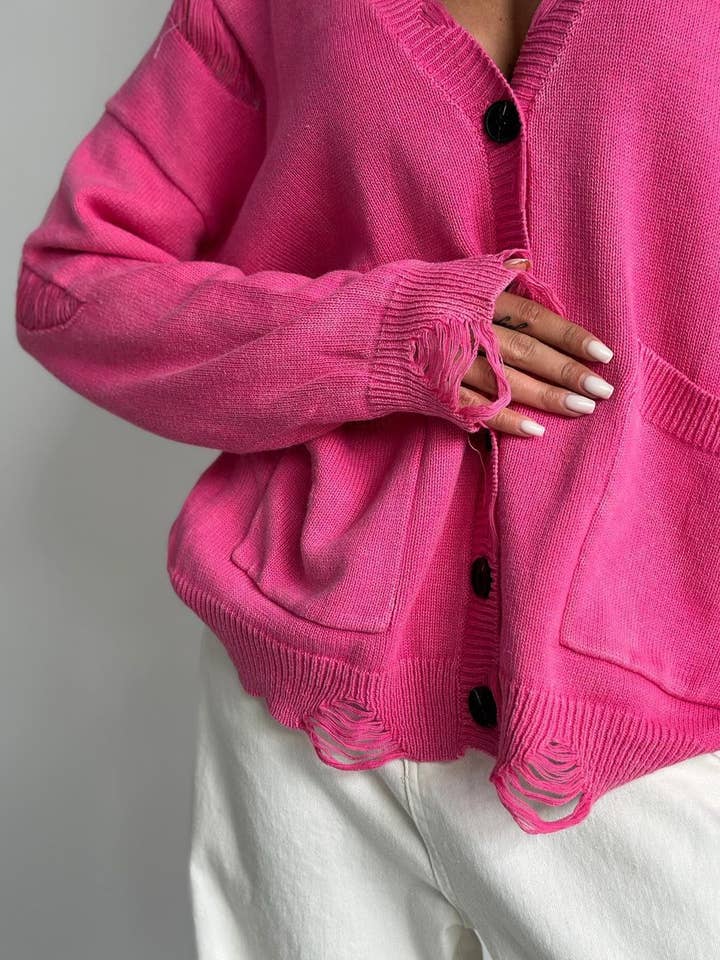 Rosa Clothing - Wholesale Cardigan - Women's - Distressed washed ripped hem knit cardigan6