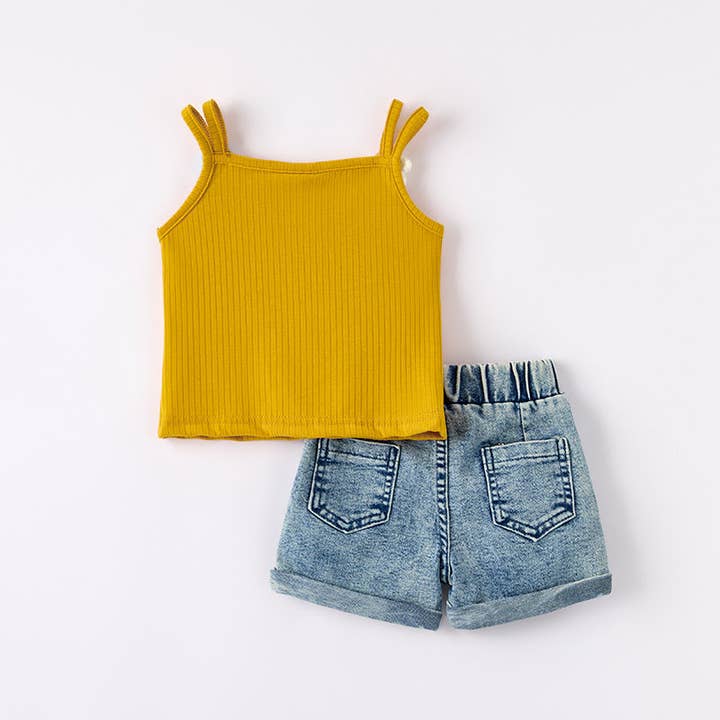 Auraquise - Wholesale Top & Short Set - Kids - Girls Summer Mustard Top Flower Denim Short Set