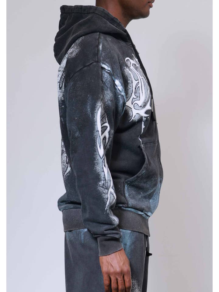 Black Y2K TRIBAL FULL ZIP HOODIE for wholesale on Faire4