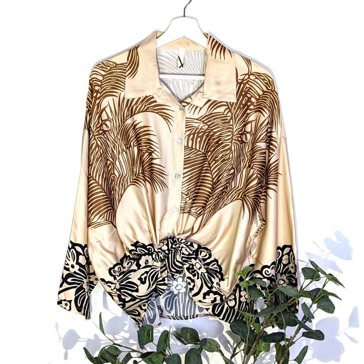 Tempest Designs - Wholesale Button Down Shirt - Women's - Viscose rayon mix palm print dressy satin shirt with border (M-L)