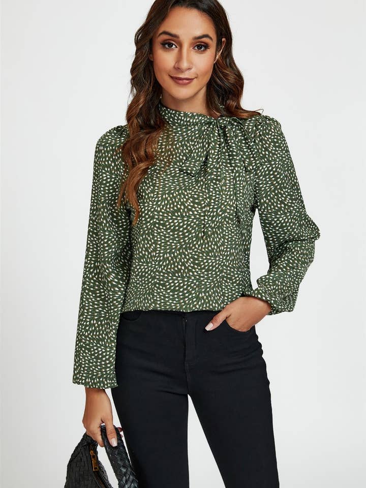 Blouse met Bloemenprint en Zijstrik in Olijfgroen voor wholesale door FS Collection (Germany)