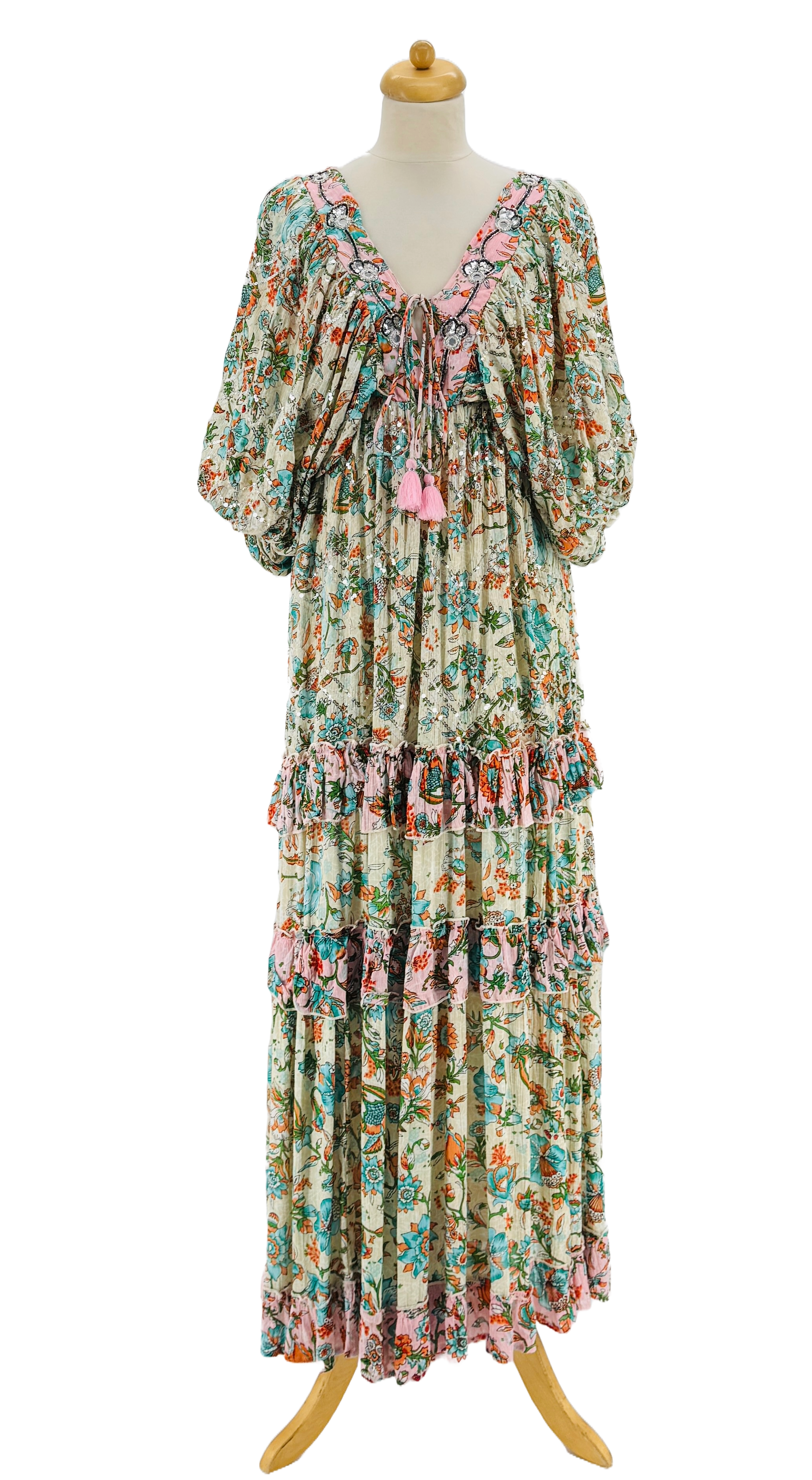 (GRØN AKVA - TURKIS - ROSA) KJOLE 100% VISKOSE, BLOMSTERMØNSTER, PUFFÆRMER for engroshandel på Faire5