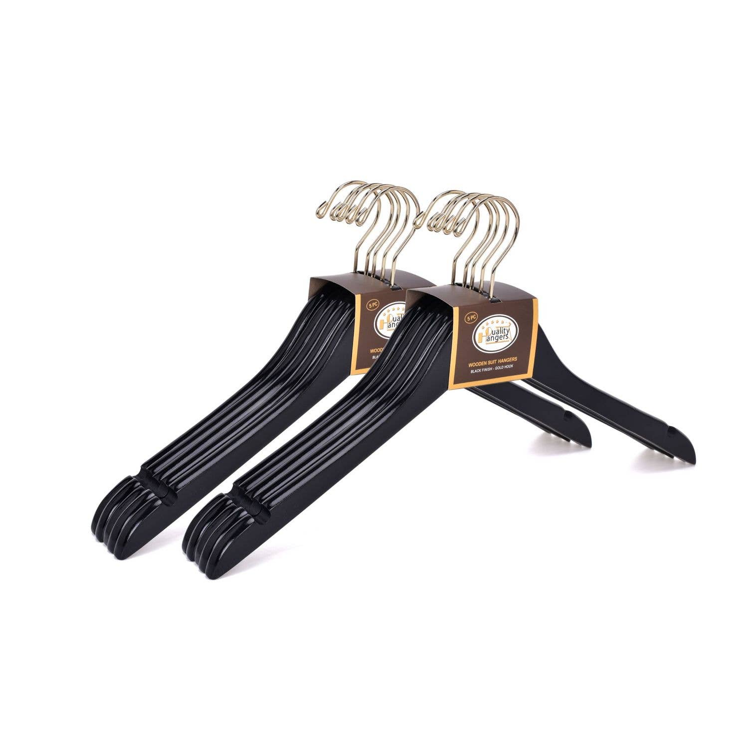 Quality Hangers - Wholesale Clothes Hangers - W071 Semi Curved Wooden Hangers - Black with Gold Hook - 800