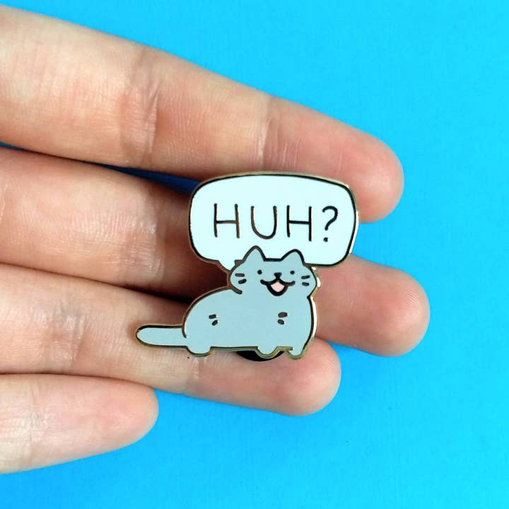 HUH Confused Cat Enamel Pin for wholesale by crowlines